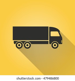 Truck vector icon with long shadow. Black illustration isolated on yellow background for graphic and web design.