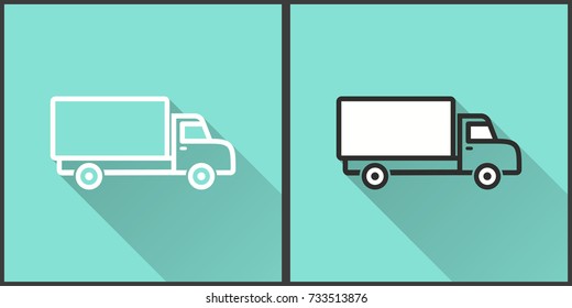 Truck vector icon with long shadow. Illustration isolated on green background for graphic and web design.
