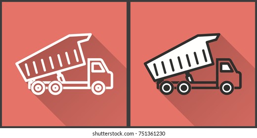 Truck vector icon with long shadow. Illustration on red background isolated for graphic and web design.