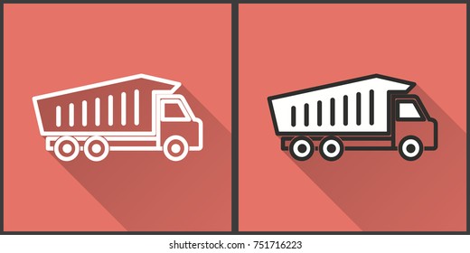 Truck vector icon with long shadow. Illustration on red background isolated for graphic and web design.