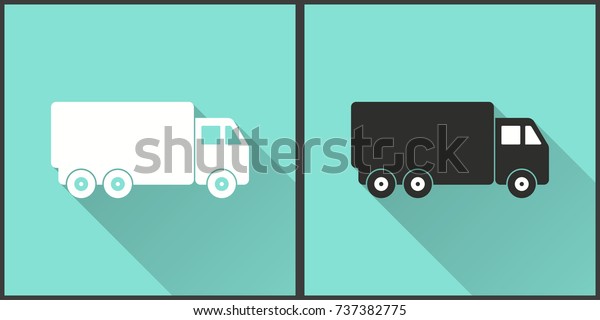 Truck vector icon\
with long shadow. Illustration isolated on green background for\
graphic and web design.