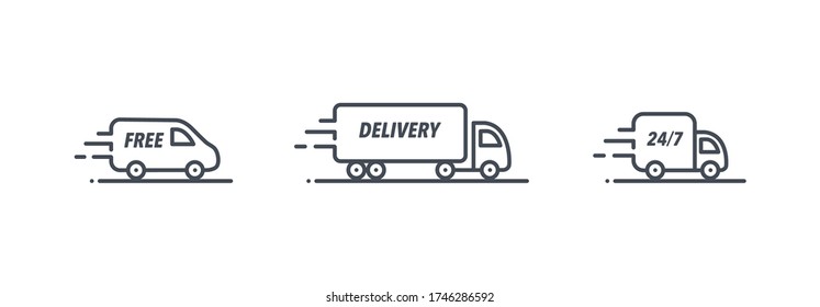 Truck vector icon set. Van, semi truck, delivery service logo collection isolated on white. Moving car line outline thin sign flat design. Logistics trucking business concept.