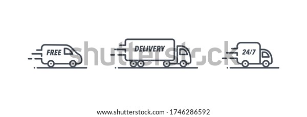 Truck vector icon\
set. Van, semi truck, delivery service logo collection isolated on\
white. Moving car line outline thin sign flat design. Logistics\
trucking business\
concept.