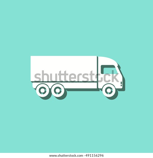 Truck vector icon\
with shadow. White illustration isolated on green background for\
graphic and web design.