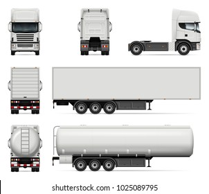 Truck Vector Mock-up. Isolated Template Of Lorry On White Background. Realistic Vehicle Branding Mockup. Side, Front, Back View All Elements In The Groups On Separate Layers. Easy To Edit And Recolor.