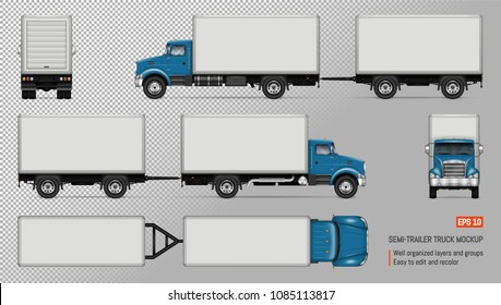 Truck vector mockup. Isolated template of lorry with trailer on transparent background for vehicle branding, corporate identity. View from left, right, front, back, top sides