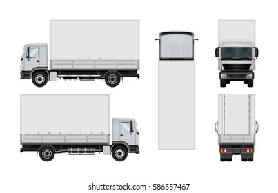 Truck vector mock-up. Isolated template of box lorry on white background. Vehicle branding mockup. Side, front, back, top view. All elements in the groups on separate layers. Easy to edit and recolor.