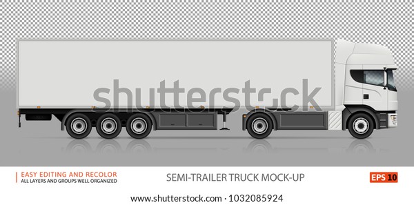 Truck vector mock-up. Isolated template of\
semi-trailer truck on transparent background. White delivery lorry\
from side view. Vehicle branding mockup. All elements in the groups\
on separate layers