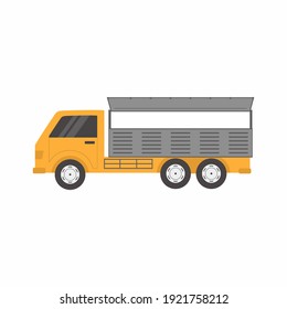 Truck vehicle in cartoon style. Delivery truck van and cardboard boxes with fragile signs isolated on white background. Fast service truck concept. Flat vector illustration