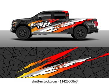 Truck and vehicle graphic decal designs, car wrap vector. Graphic abstract stripe designs for advertisement, race, adventure and livery car