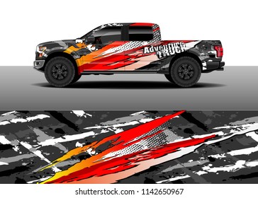 Truck and vehicle graphic decal designs, car wrap vector. Graphic abstract stripe designs for advertisement, race, adventure and livery car