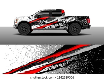 Truck and vehicle graphic decal designs, car wrap vector. Graphic abstract stripe designs for advertisement, race, adventure and livery car