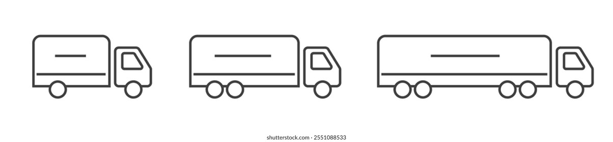 Truck vehicle icon line stroke vector simple graphic set, long semi van cargo freight delivery transport outline linear art illustration silhouette, small big lorry side view, shipping courier shape
