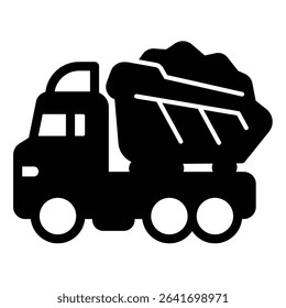 Truck vehicle loaded with asphalt solid icon, making road concept. Vector graphics. Asphalt truck, heavy transport sign on white background, style mobile or design