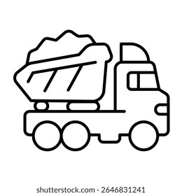 Truck vehicle loaded with asphalt thin line icon, making road concept. Vector graphics. Asphalt truck, heavy transport sign on white background, style mobile or design