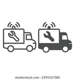 Truck vehicle with siren and wrench line and solid icon, repair service concept. Vector graphics. Repair man emergency truck sign on white background, outline style icon for mobile or web design