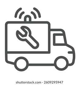 Truck vehicle with siren and wrench line icon, repair service concept. Vector graphics. Repair man emergency truck sign on white background, outline style icon for mobile or web design