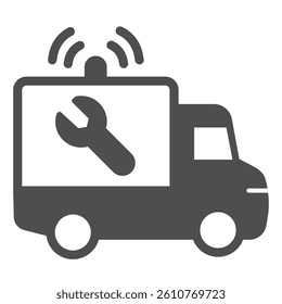 Truck vehicle with siren and wrench solid icon, repair service concept. Vector graphics. Repair man emergency truck sign on white background, glyph style icon for mobile or web design