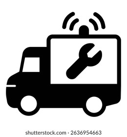 Truck vehicle with siren and wrench solid icon, repair service concept. Vector graphics. Repair man emergency truck sign on white background, style mobile or design