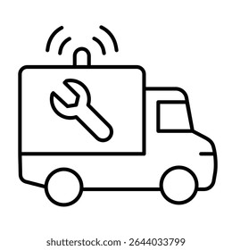 Truck vehicle with siren and wrench thin line icon, repair service concept. Vector graphics. Repair man emergency truck sign on white background, style mobile or design