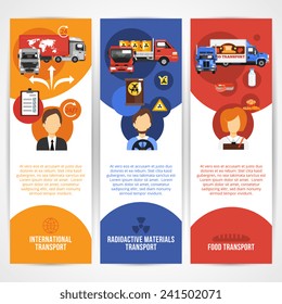Truck vertical banners flat set with international radioactive materials and food transport isolated vector illustration