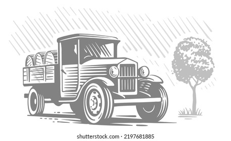 Truck in vintage style. Engraved drawing