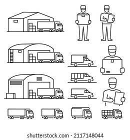 Almacén de camiones para vectores de iconos de contorno de entrega y exportación.