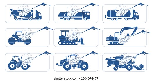 Truck Wash Systems. Deep cleaning. Illustration presenting washing of trucks, heavy trucks, Heavy-duty vehicles, transportation and construction machinery.