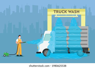 Truck wash vector concept: Young worker cleaning truck in the truck wash while wearing face mask in new normal