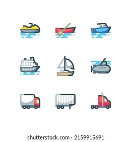 Truck and water transportation icon set with ship and boat vector icons