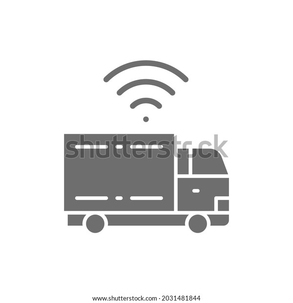 Truck with Wi-Fi, smart car, futuristic automotive\
grey icon.