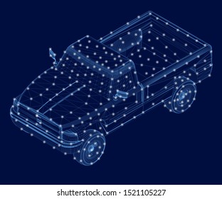 Truck wireframe made of blue lines on a dark background. View isometric. 3D. Vector illustration.