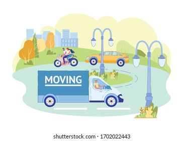 Truck With Words Moving Rides Around City, Slide. Cheerful Driver Rides Truck in Stream Cars. Shipping Service. Delivery Route and Logistics. Transport System for Moving Objects, Cartoon.