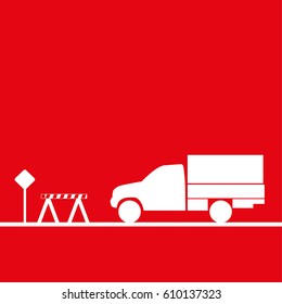 Truck in the workplace. Vector illustration. Red and white view