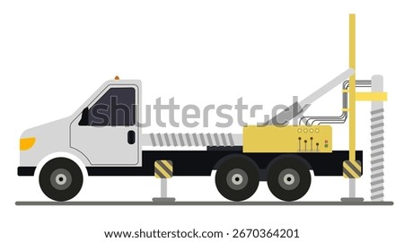 Truck-based drilling rig. The machine has a drilling mechanism, hydraulic equipment and stabilizing supports. EPS 10.