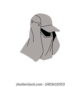 Trucker, baseball cap with mask. UV protection hat cover head, face, neck. Summer clothes, special headwear with peak, visor protects from sun. Flat isolated vector illustration on white background