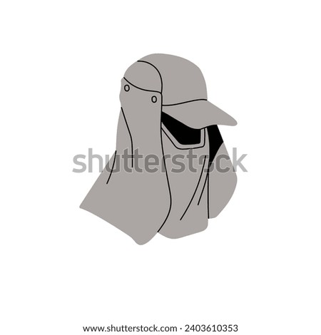 Trucker, baseball cap with mask. UV protection hat cover head, face, neck. Summer clothes, special headwear with peak, visor protects from sun. Flat isolated vector illustration on white background