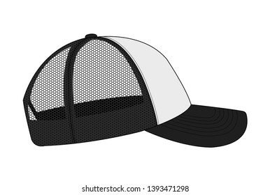 trucker cap / mesh cap template illustration / side view (white & black)