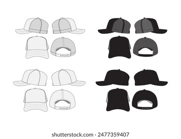 Trucker Cap Mesh Cap Template Illustration Black and White Trucker Hat Mesh Vector Mockup Template Streetwear Headwear Vector Mockup Collection 6 Pannel Hat Cap Vector Mockup 