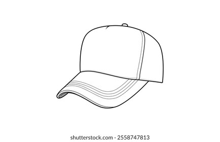 Trucker Cap technical fashion illustration. trucker cap vector template illustration. 3 4 perspective view. structured cap. curved brim. adjustable strap. unisex. white color. CAD mockup. 