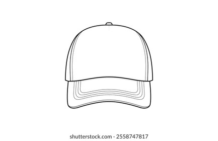 Trucker Cap technical fashion illustration. trucker cap vector template illustration. Front view. structured cap. curved brim. adjustable strap. unisex. white color. CAD mockup.