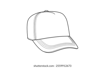 Trucker Cap technical fashion illustration. trucker cap vector template illustration. Isometric  view. structured cap. curved brim. adjustable strap. unisex. white color. CAD mockup.