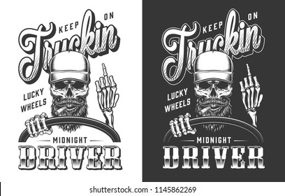 Trucker emblem with skull in monochrome. Vector illustration