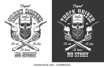 Trucker emblem with skull in monochrome. Vector illustration
