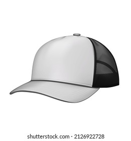 Trucker hat isolated on white background - realistic vector mock-up. Mesh back cap mockup template for design