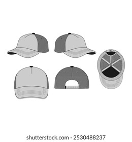 Plantilla de maqueta de sombrero de camionero | Vista frontal, trasera, lateral superior | Diseño de Streetwear en blanco CAD con correa de malla