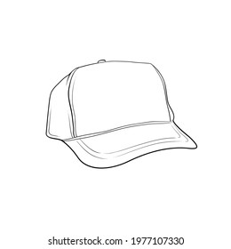 Trucker Hat Outline Drawing Vector, Trucker Hat In A Sketch Style, Trucker Hat Trainers Template Outline, Vector Illustration.