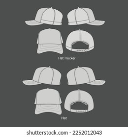  Trucker Hat Snapback Technical Drawing Illustration Blank Streetwear Mock-up Template. CAD mockup hat template