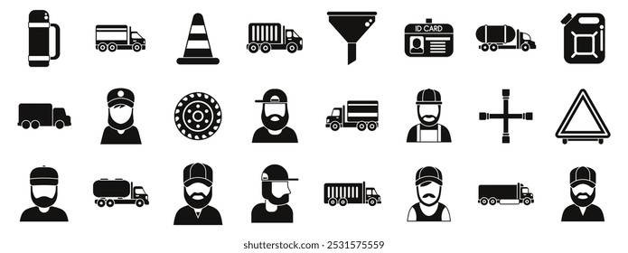 Trucker icons set. This set of icons depicts truck drivers and various trucks and supplies they use in their work