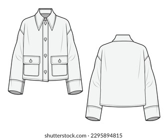 Trucker jacket with classic collar, plate button closure, flap button pocket, long sleeve, front and back view vector template.